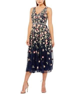 Mac Duggal Embroidered Mesh V-Neck Sleeveless Midi Dress - Blue