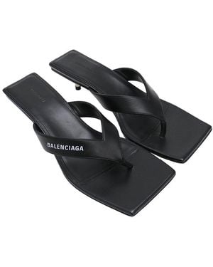 Balenciaga Leather Square-Toe Kitten-Heel Thong Sandal (Authentic Pre- Loved) - Black