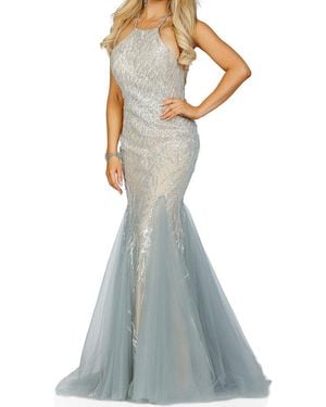 Terani Halter Neck Crisscross Back Dress - Blue