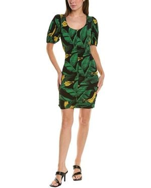 Ganni Printed Drapey Jersey Puff Sleeve Mini Dress - Green