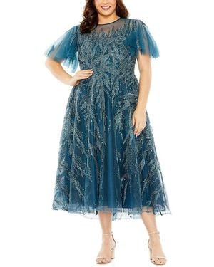 Mac Duggal High Neck Flutter Sleeve Embellished A-Line Dress - Blue