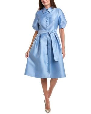 Teri Jon Pique Faille Puff Sleeve Shirtdress - Blue