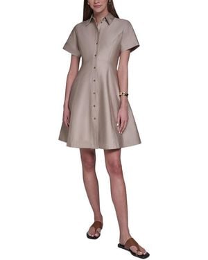 Halston Short Sleeve Button-Up Sateen Shirtdress - Natural