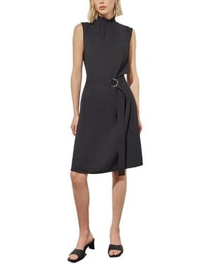 Ming Wang Ruffle Mock Neck Crepe De Chine A-Line Dress - Black