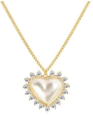 Gabi Rielle 14k Over Silver Pearl Cz Pearlheart Halo Necklace - Metallic