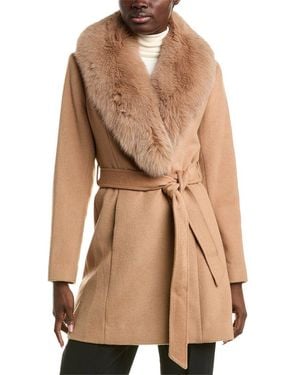 Sofiacashmere Wool-Blend Fur Collar Wrap Coat - Natural
