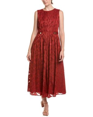 Anne Klein Pleated Neckline A-Line Midi Dress - Red