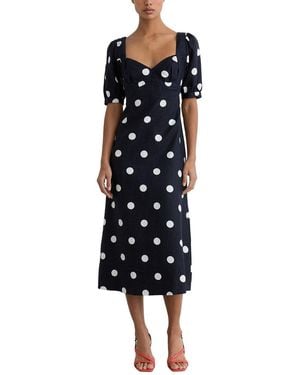 Reiss Astrid Linen Puff Sleeve Polka Dot Midi Dress - Blue