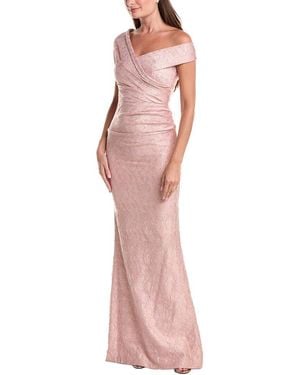 Teri Jon Metallic Jacquard Off-Shoulder Pleated Gown - Pink