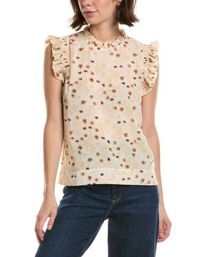 Tahari Shirred Ruffle Sleeve Printed Woven Top - Natural