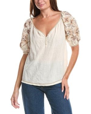 Max Studio Elbow Sleeve Embroidered V-Neck Top - White