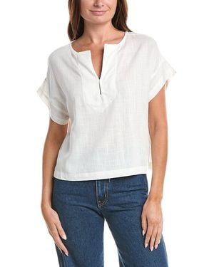 Max Studio Short Sleeve Split Neck Linen-Blend Top - White