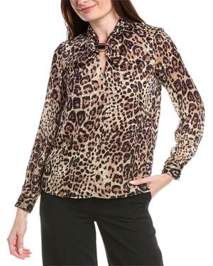 Tahari Gathered Cutout Silk-Blend Blouse - Brown