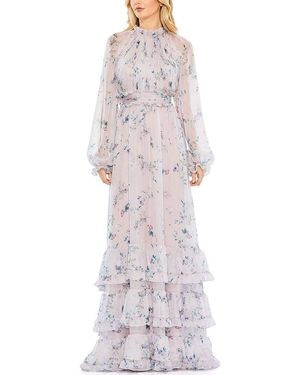 Mac Duggal Floral Print Ruched Raglan Tiered Gown - White