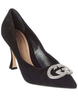Gucci G Interlocking Suede & Crystal Pump - Black