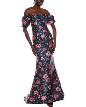Rene Ruiz Off-The-Shoulder Sculpted Bodice Puff Sleeve Gown - Purple