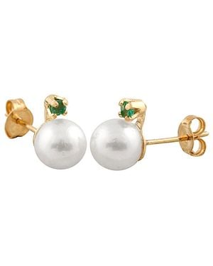 Masako Pearls 14k 0.10 Ct. Tw. Emerald & 7-8mm Akoya Pearl Earrings - Metallic