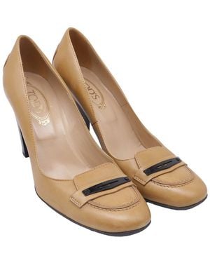 Tod's Leather Block-Heel Loafer Pump (Authentic Pre-Loved) - Natural