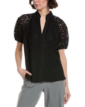 Cece Ruffle Neck Raglan Seam Split Neck Blouse - Black