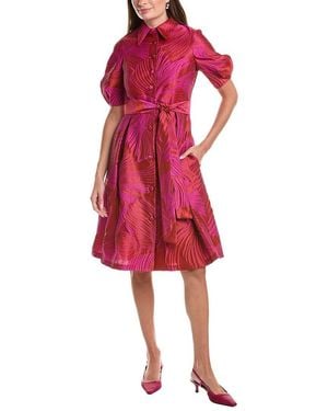 Teri Jon Jacquard Abstract Print Puff Sleeve Shirtdress - Red