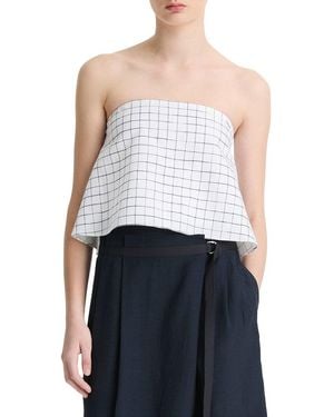 Vince Linen-Blend Trellis Plaid Tie Top - Blue