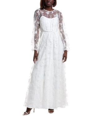 ML Monique Lhuillier Embroidered Tulle Lace Maxi Dress - White