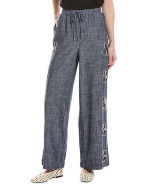 NVLT Embroidered Linen-Blend Pant - Blue