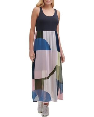 DKNY Tank Printed Overlay Dress - Blue