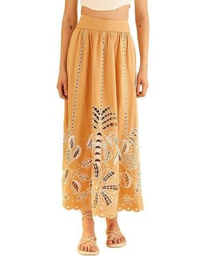 FARM Rio Sand Richilieu Linen-Blend Midi Skirt - Yellow