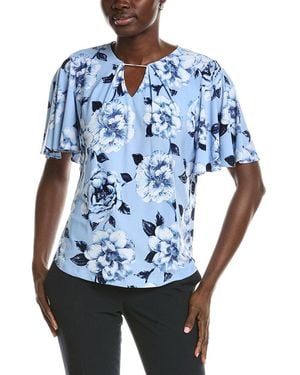 Anne Klein Pleat Neck Printed Top - Blue