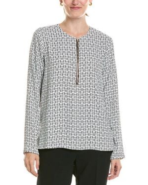 Halston Logo Zip-Up V-Neck Blouse - Grey
