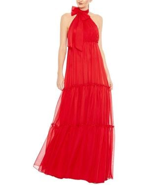 Mac Duggal Ruched Tiered High Neck Bow A Line Gown