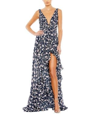 Mac Duggal Floral Print Sleeveless Ruffled High Low Gown - Blue
