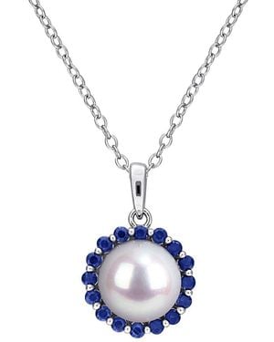 Rina Limor 0.32 Ct. Tw. Sapphire & 8-8.5 Mm Pearl Halo Necklace - Blue