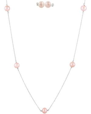 Splendid Rhodium Plated Silver 7-8mm Freshwater Pearl Earrings & Necklace Set - White