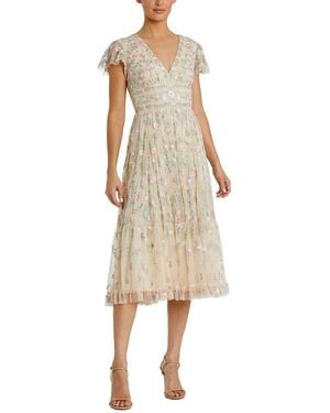 Mac Duggal Embroidered V Neck Cap Sleeve Midi Dress - Natural