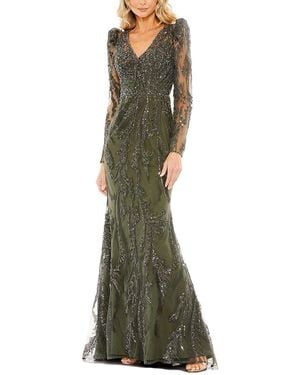 Mac Duggal Embellished Puff Sleeve A-Line Gown - Green