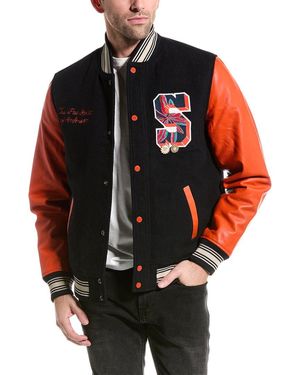 Scotch & Soda Leather Sleeve University Bomber Jacket - Black
