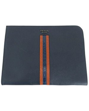 Prada Saffiano Crocodile Logo Leather Clutch (Authentic Pre-Loved) - Blue