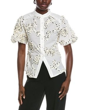 Gracia Front Body Floral Fabric Work Collar Top - White