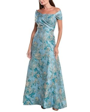 Teri Jon Metallic Jacquard Asymmetrical Off-Shoulder Full Dress - Blue