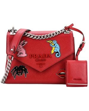 Prada Monochrome Shoulder Bag Embellished Saffiano Small (Authentic Pre-Loved) - Red