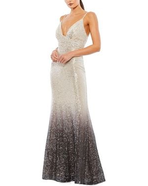 Mac Duggal Plunge Neck Ombre Sequin Gown - White