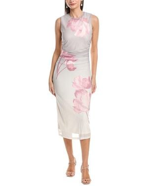 Anne Klein Sleeveless Ruched Printed Mesh Midi Dress - Pink