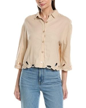 Ellen Tracy Embroidered Button Front Linen-Blend Shirt - Blue