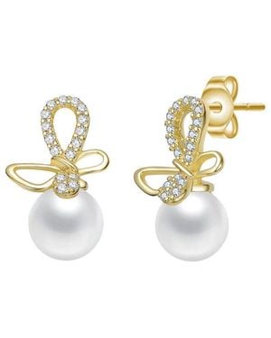 Rachel Glauber 14K Plated 5Mm Pearl Cz Drop Earrings - Metallic