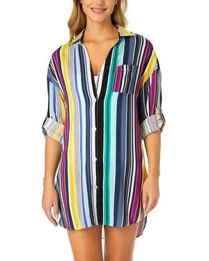 Anne Cole Boyfriend Button Down Cover Up Shirt - Blue