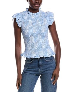 Sail To Sable Smocked Flutter Linen-Blend Top - Blue