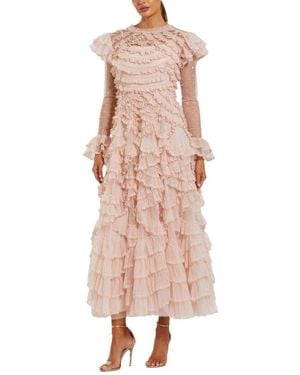 Mac Duggal Dot Net Double Ruffle Trim High Neck Maxi Dress - Pink