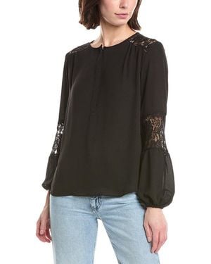 Tahari Half Placket Lace Trim Blouse - Black